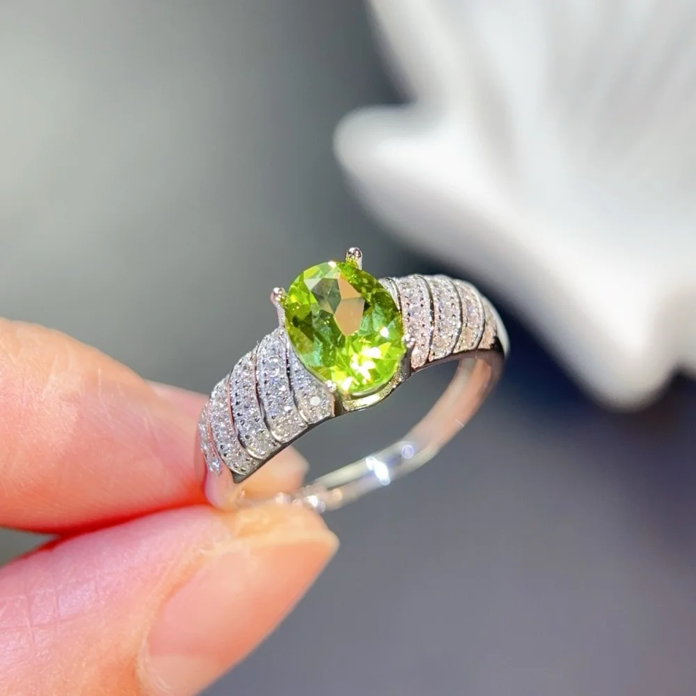 S925 6×8mm Sterling Silver Natural Olivine Gemstone Ring for Women Fashion Healing Jewelry Stylish Accessory Sweet Gift