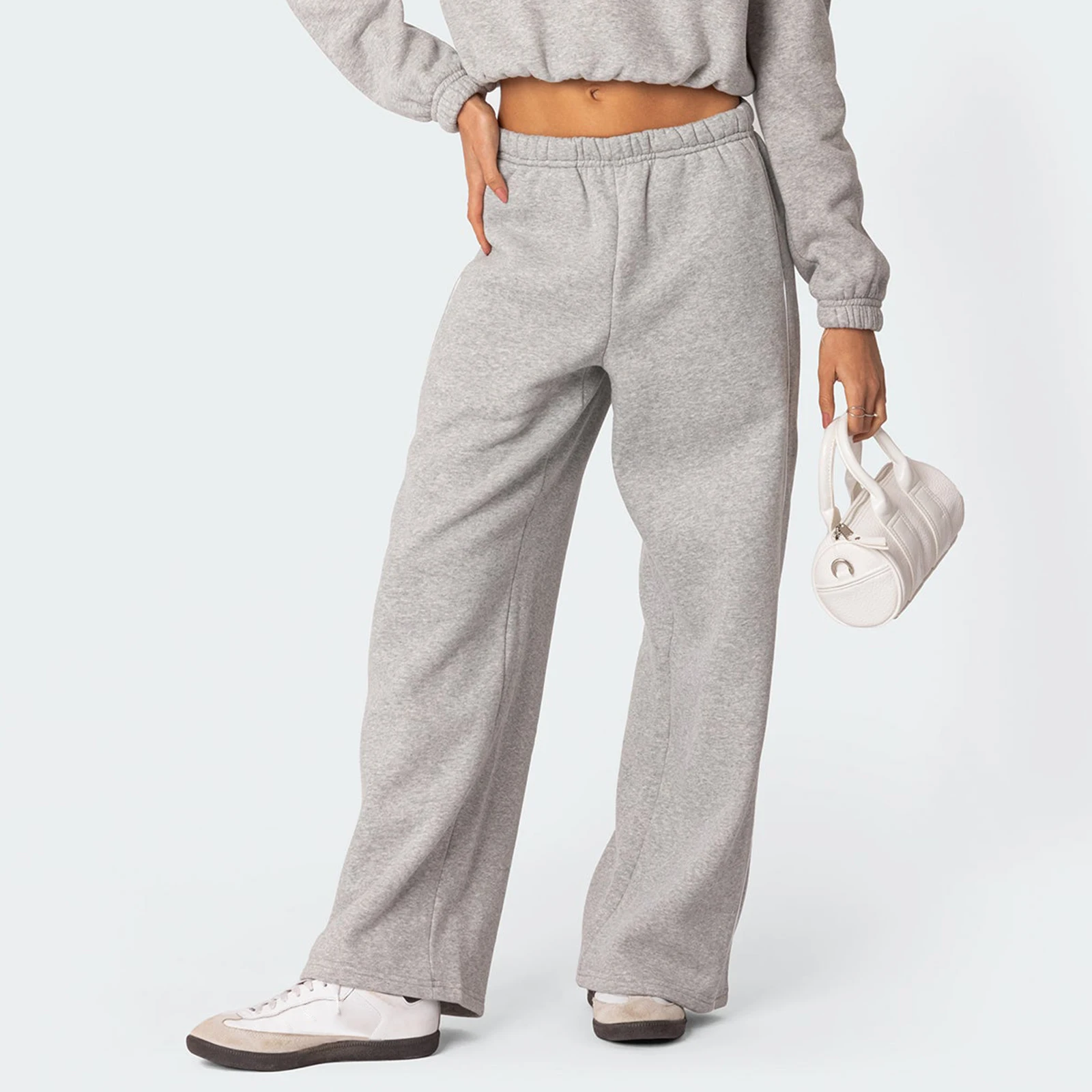 Women Fall Sweatpants White Trim Elastic Waist Loose Sports Trousers with Pockets