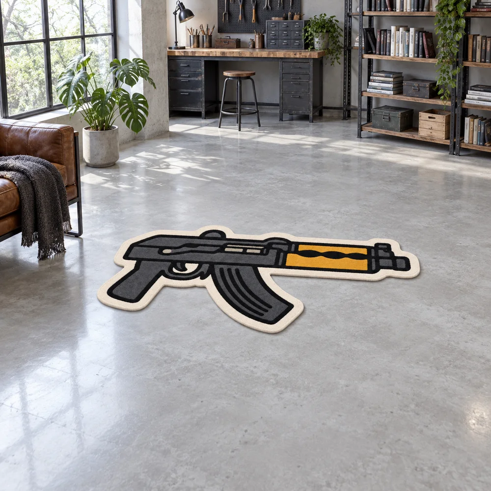 AK Cartoon Rifle Irregular Rug, Soft Flannel Non-Slip Floor Mat for Bedroom Game Room Man Cave Decor, Novelty Gift for Adults