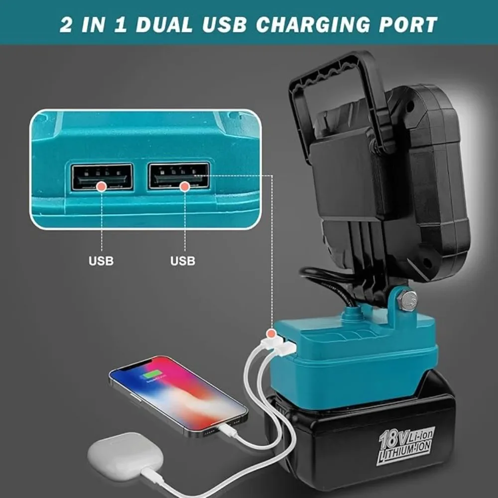 Tragbare Taschenlampe mit USB-Anschluss für Makita 18V Li-Ion-Akku, LED-Taschenlampe mit Haken für Notbeleuchtung, USB-Ladeanschluss – Detail 6