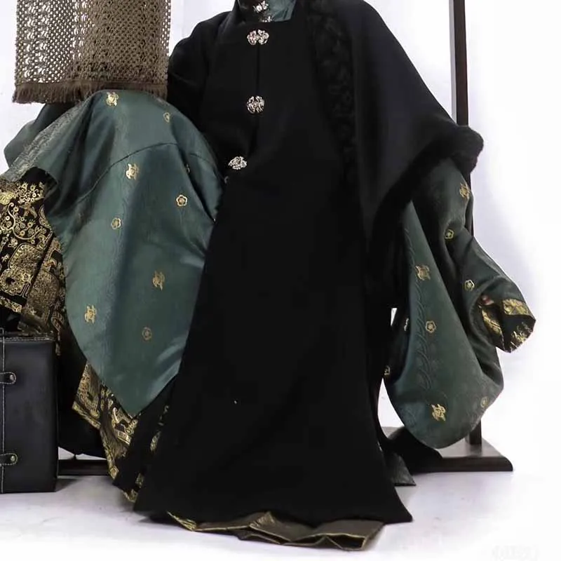 Inverno plus size 8xl hanfu feminino antigo chinês vintage dinastia ming preto engrossado casaco longo ouro cavalo rosto saia 3 pçs ternos