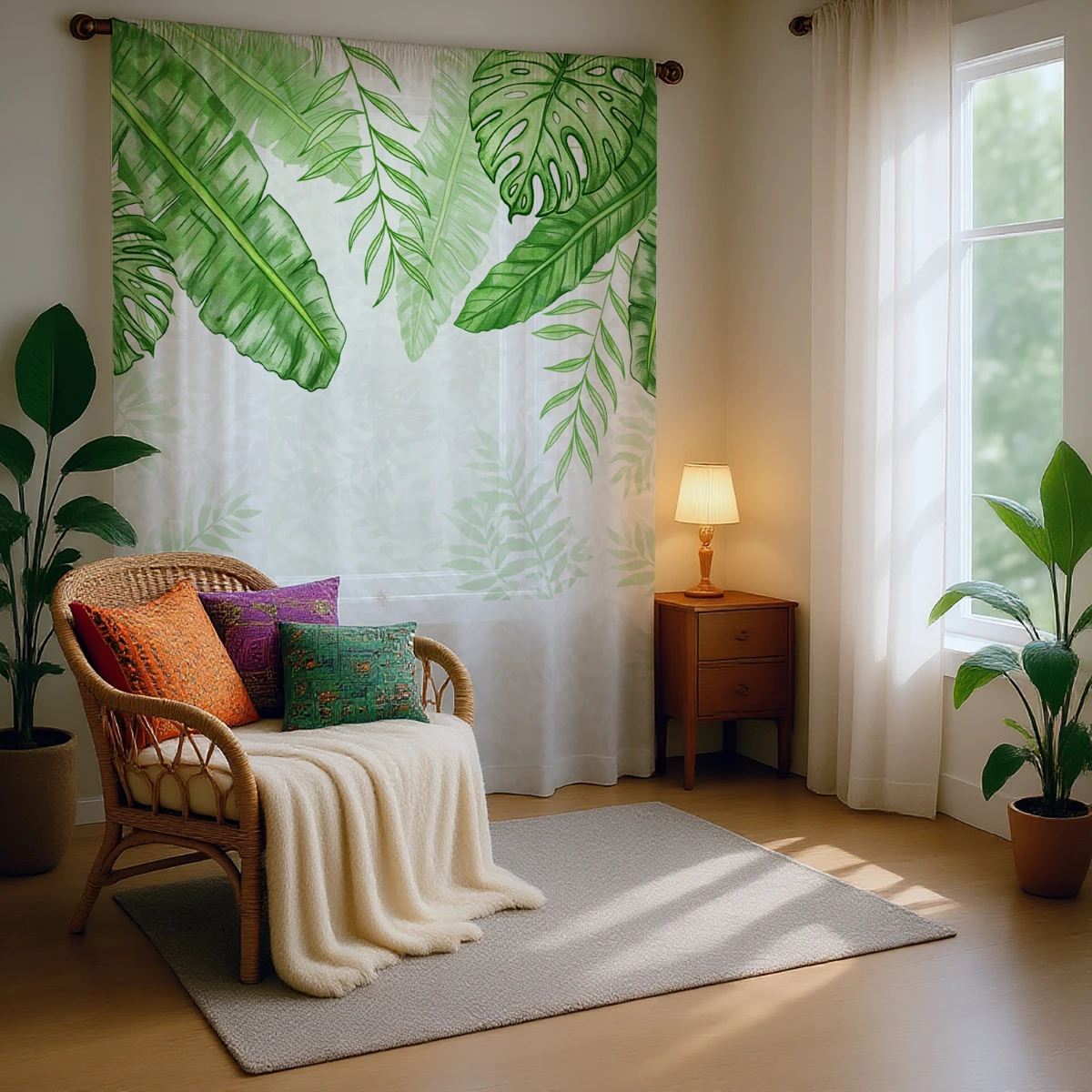 1 Piece Nordic INS Style Large Green Leaf Sheer Curtain - Translucent, Light Reducing, Privacy, Rod Pocket, for Living/Bedroom