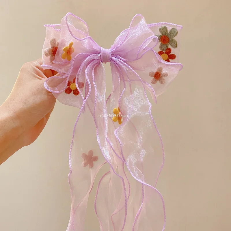 Multi Layer Flower Gauze Bowknot Hair Clip Children's Long Ribbon Braided Hair Ornaments Little Girl's Hairpins Headwear 집게핀