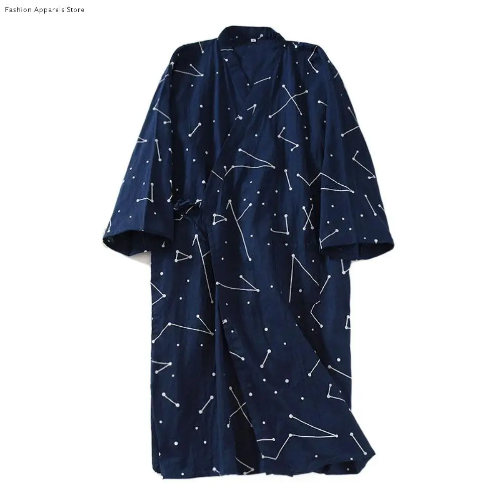 

Nightdress V-Neck Men's Kimono Bathrobe Loose Long Sleeve Japanese-Style Yukata Print Thin Men's Hooded Robe Bath Wear