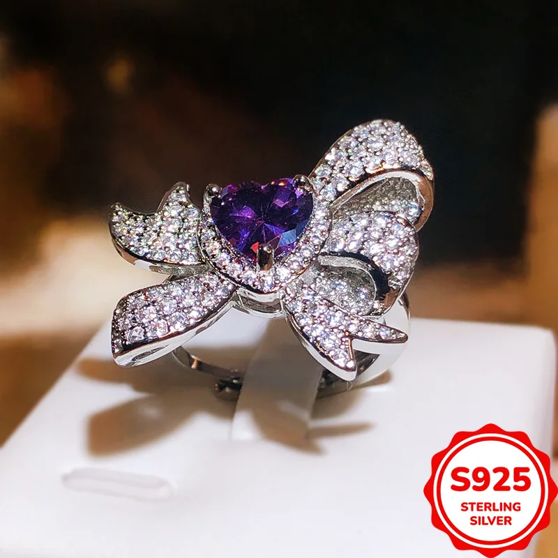 Fashionable Genuine Genuine S925 Silver Dark Purple Heart-Shaped Bow Creative Versatile Women's Ring