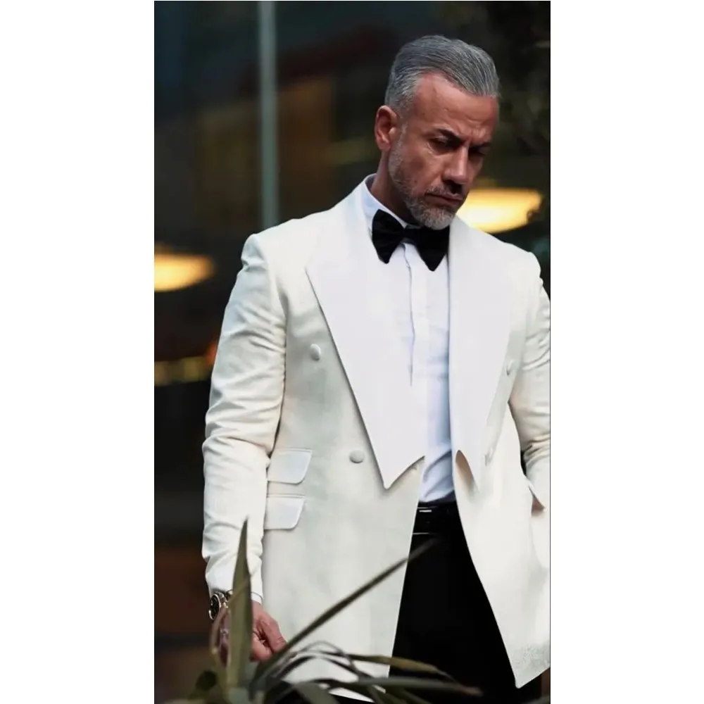 Ivory Suits for Men Wedding Groom Wear Double Breasted Blazer Tuxedos trajes elegantes para hombre Tailor 2 Piece Coat+Trousers