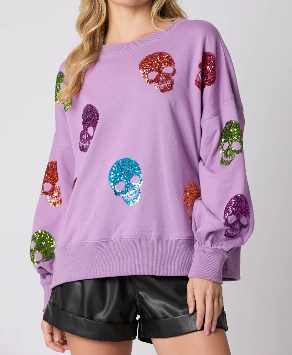 Women's Sweatshirt 2025 Autumn Winter Latest Halloween Skull Glitter Hoodie Round Neck Loose Casual Pullover Long Sleeved Top