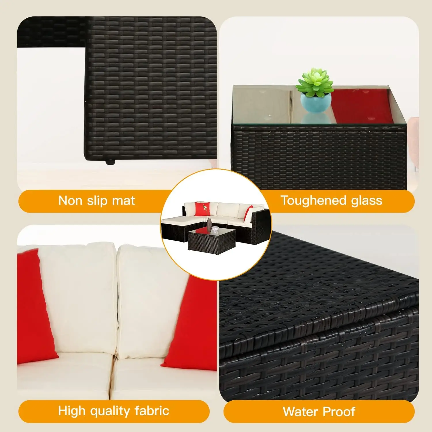 5 Stuks Rotan Patio Meubelen Sets Patio Sofa Rieten Sectionele Bank Modulaire Outdoor Gesprek Sofa Set Met 2 Rood Kussen