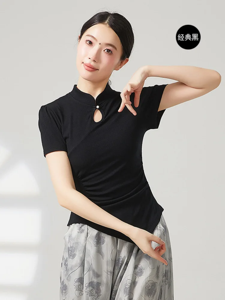الرقص الترفيهي 2025 الصيف فستان رقص كلاسيكي جديد الصينية تي شيرت الوقوف طوق الجوف أعلى غير المتماثلة قصيرة الأكمام