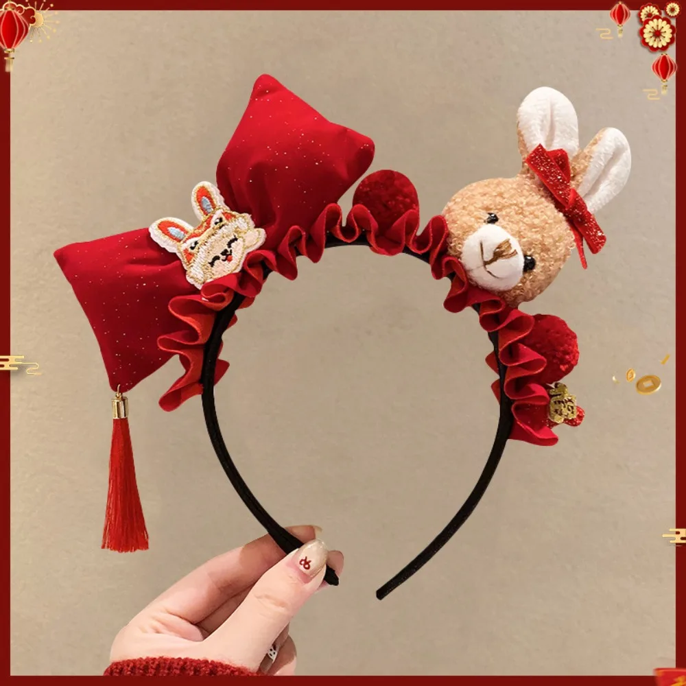 

Cute Cartoon New Year Headband Pony Little Bear Red Velvet Bow Hairband Red Hair Hoop Children