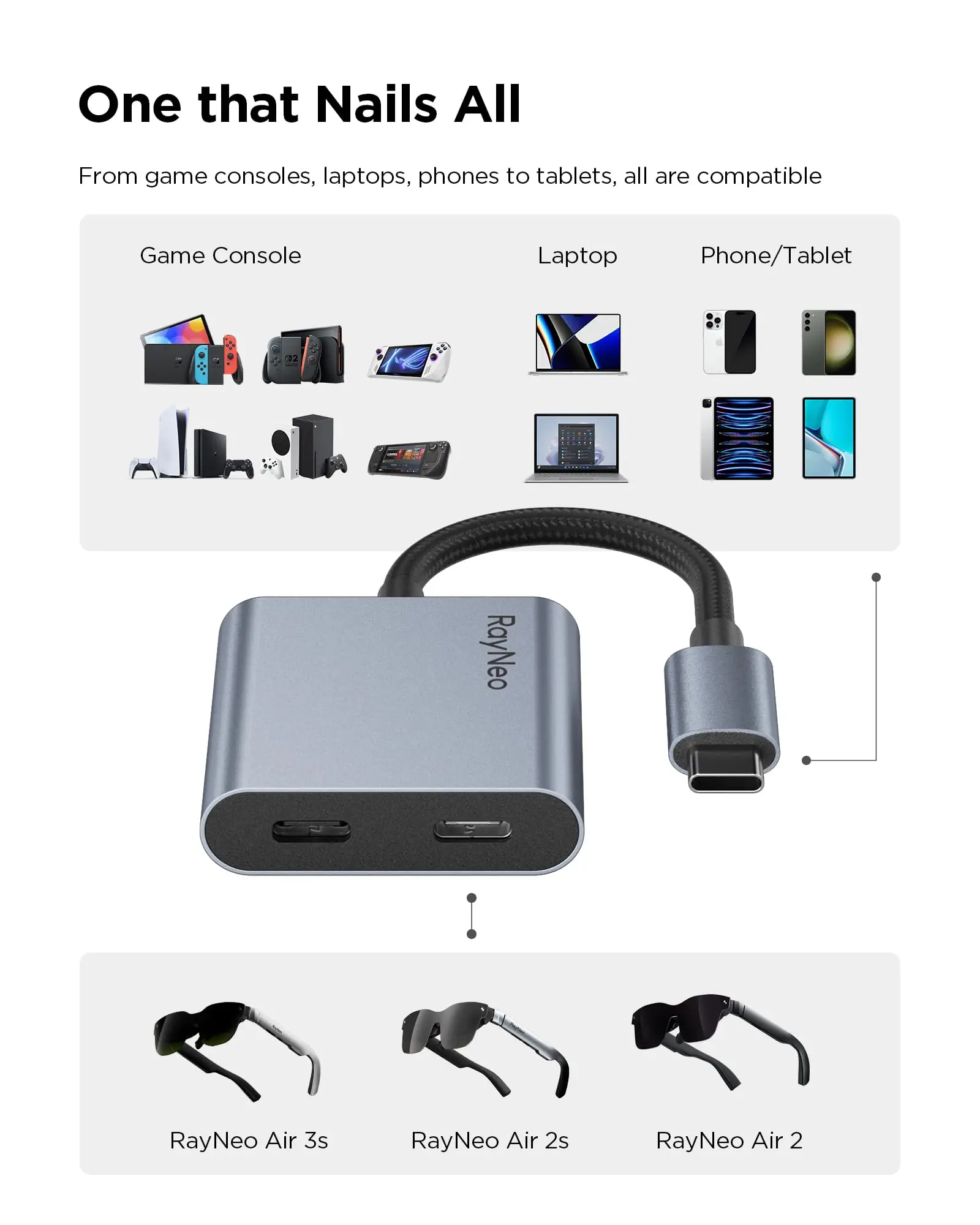RayNeo USB-C to Glasses Charging Adapter, Charge and Play,  Support 100W PD Charging and 4K@60 Hz,Compatible with Switch 2