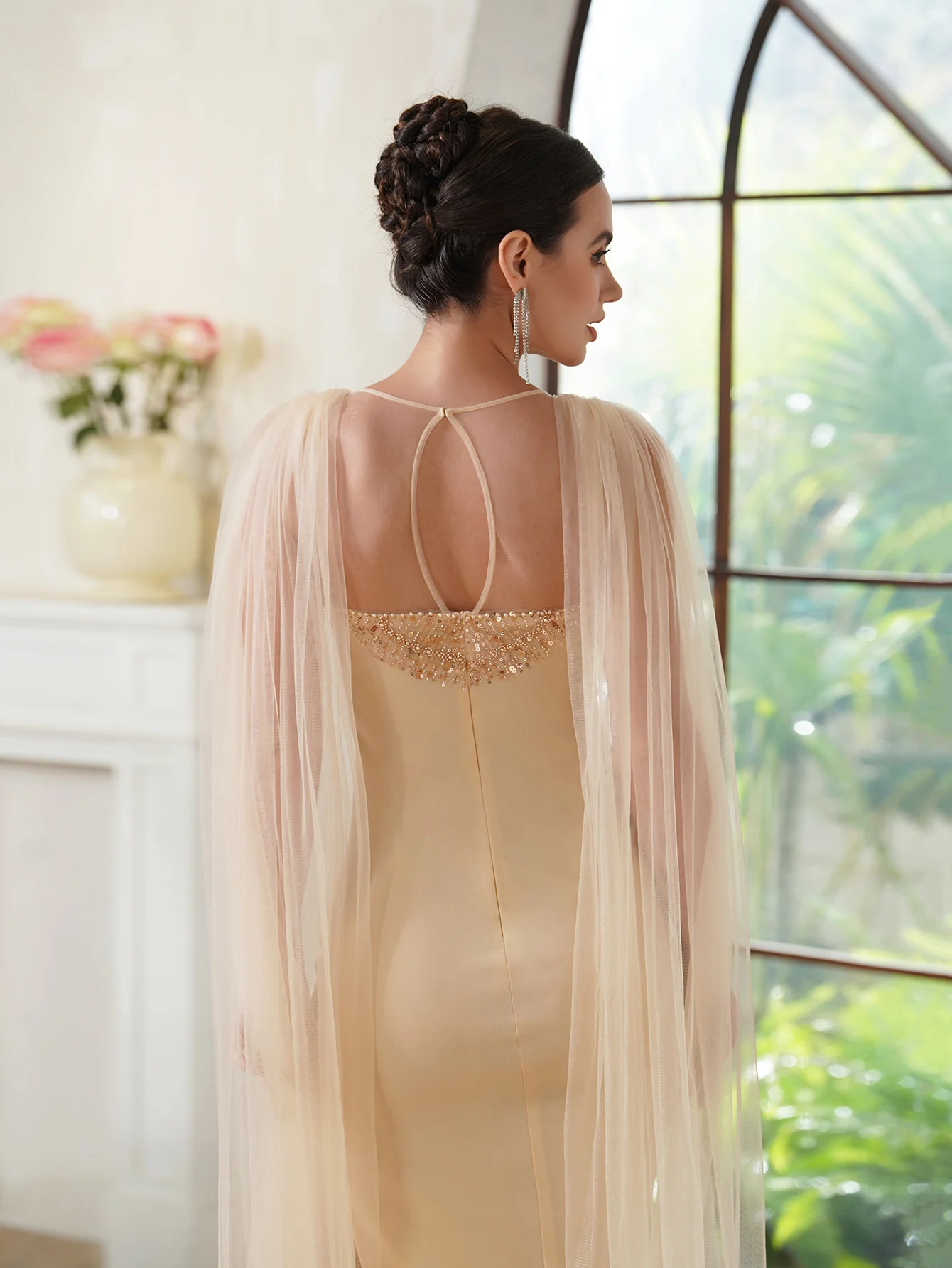 New Luxury Champagne Beading Evening Dress Sexy Side Split Celebrity Dress Decorative Chains Meimaid Dress فساتين سهرة