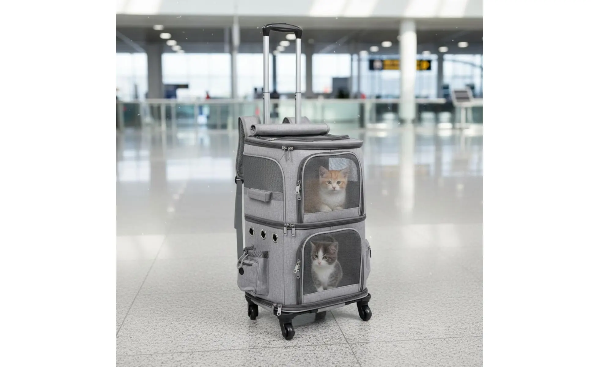 Double-Deck Pet Carrier Breathable Pet Trolley Bag Feline Travel Carrier Telescopic Handle Dog Travel Bag Side Pockets