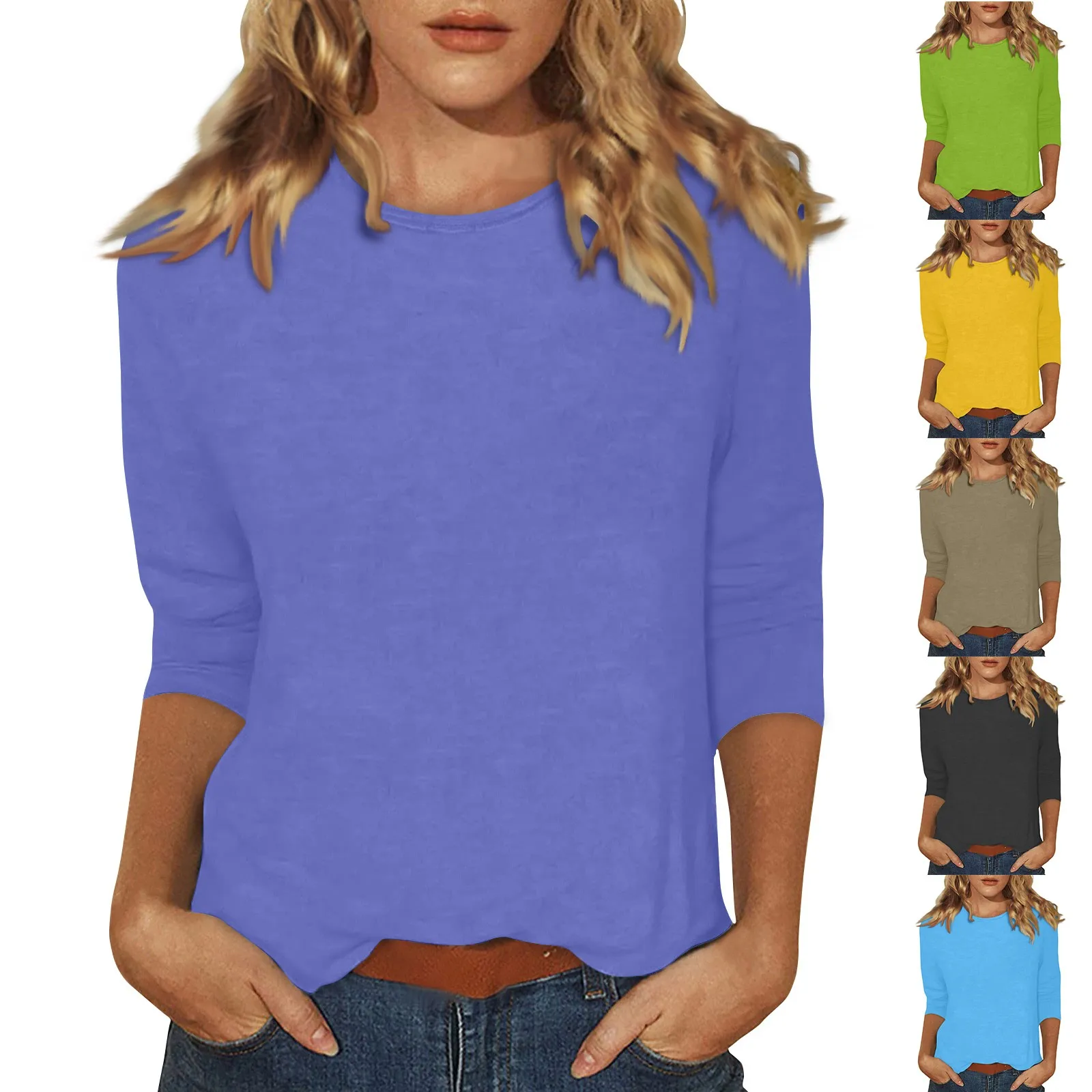 Women's Fashion Casual Round Neck 3/4 Sleeve Loose Solid Color T-Shirt Ladies Top Female Fashion Blouse 2024 T Shirt 티셔츠