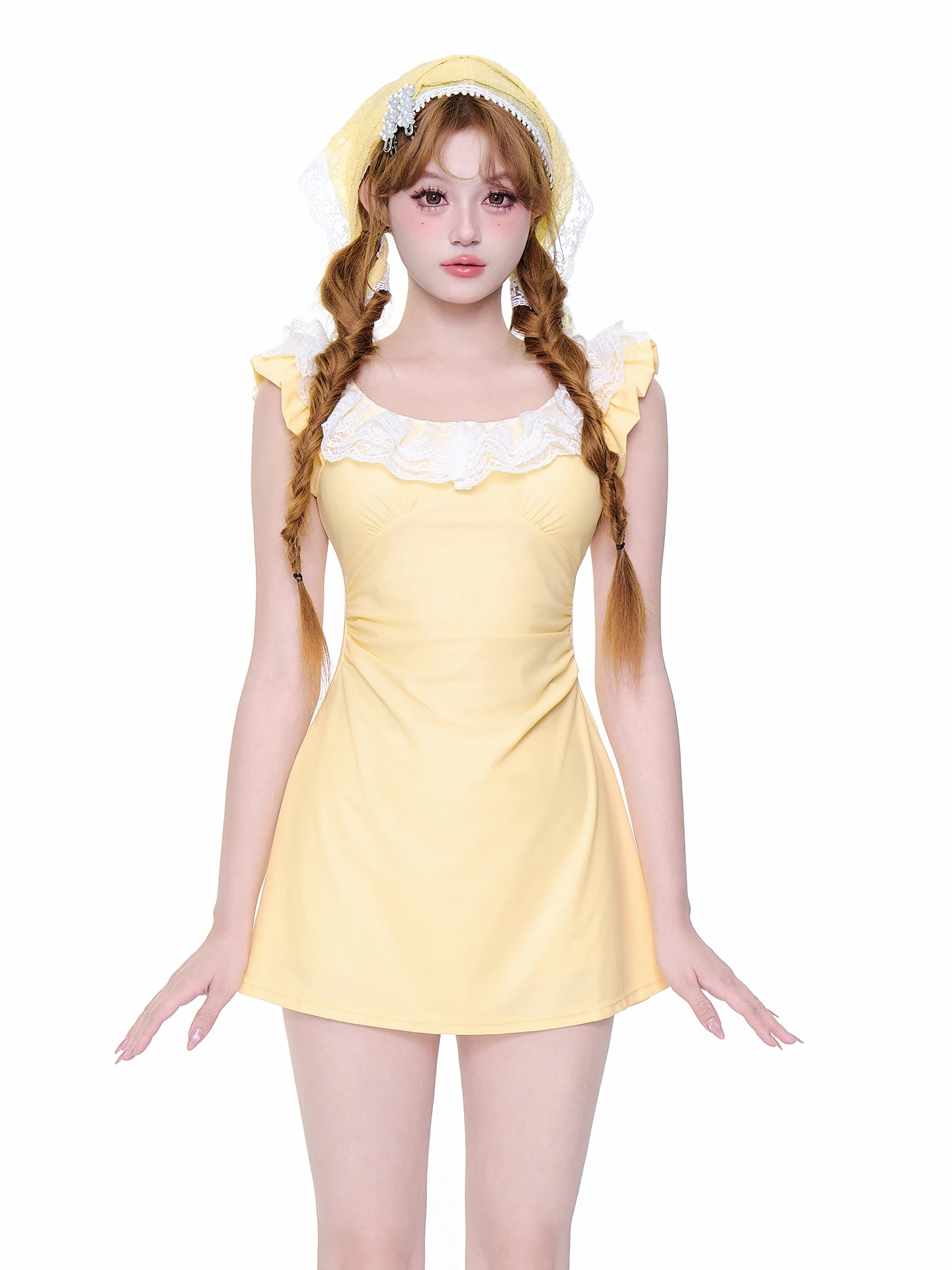 

Модный быстросохнущий купальник Mimoi Closet: Женский купальный костюм с кружевной ретро-юбкой Sweet Yellow Svel Dopane