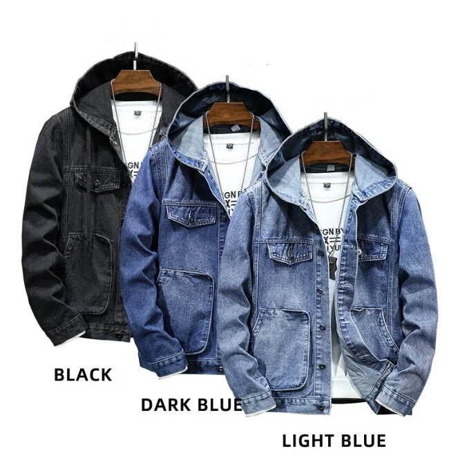 

Denim Jacket Men Hooded Denim Coat Casual Jackets Streetwear Solid Color Turn Down Collar Denim Coats Men Jacktes