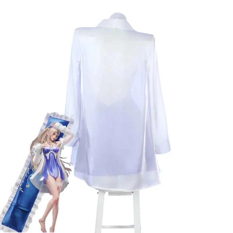 Game Naraka: Bladepoint Yoto Hime Kostum Cosplay Piyama Kemeja Putih Mantel Gaun Jubah Tidur Biru Wig Wanita Setelan Harian Seksi;2