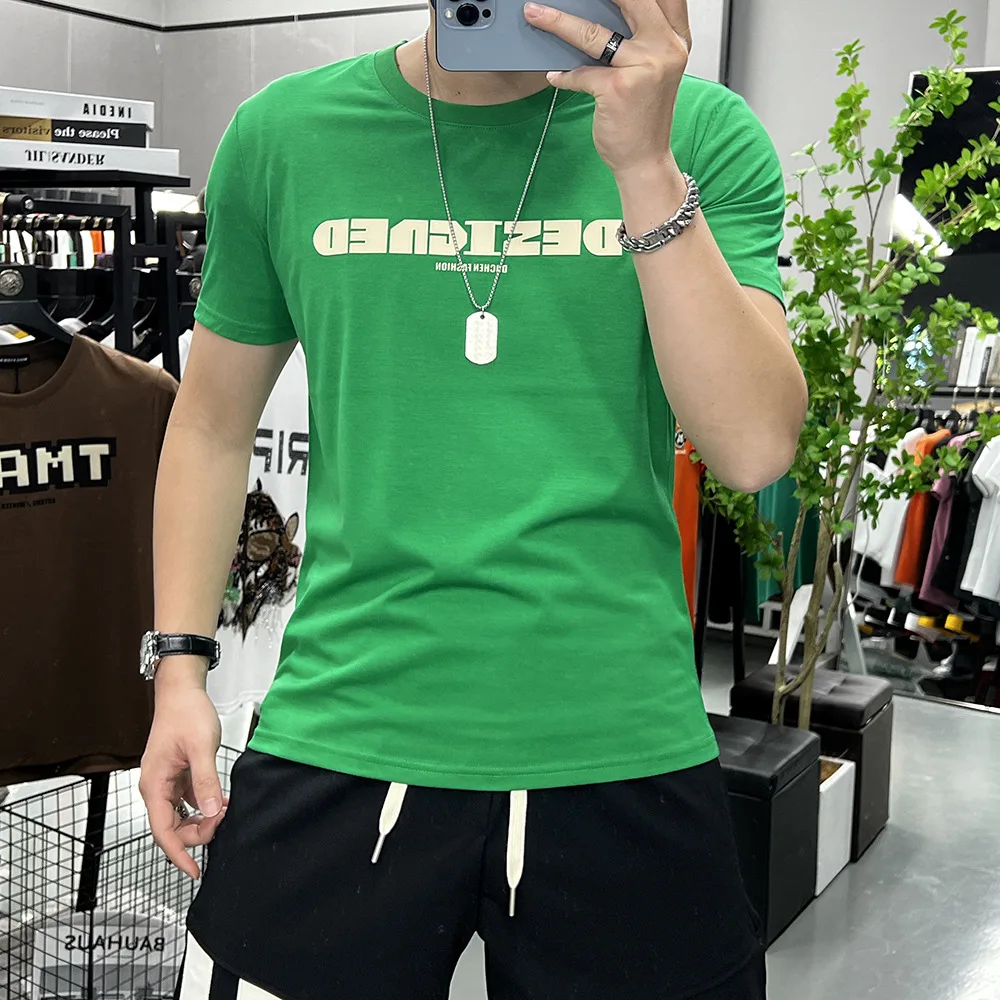 

Summer New T-shirt Men's Short Sleeved Round Neck Slim Cotton Male Green Top Letter Print Designs Youth Fat Homme Clothing M-7XL