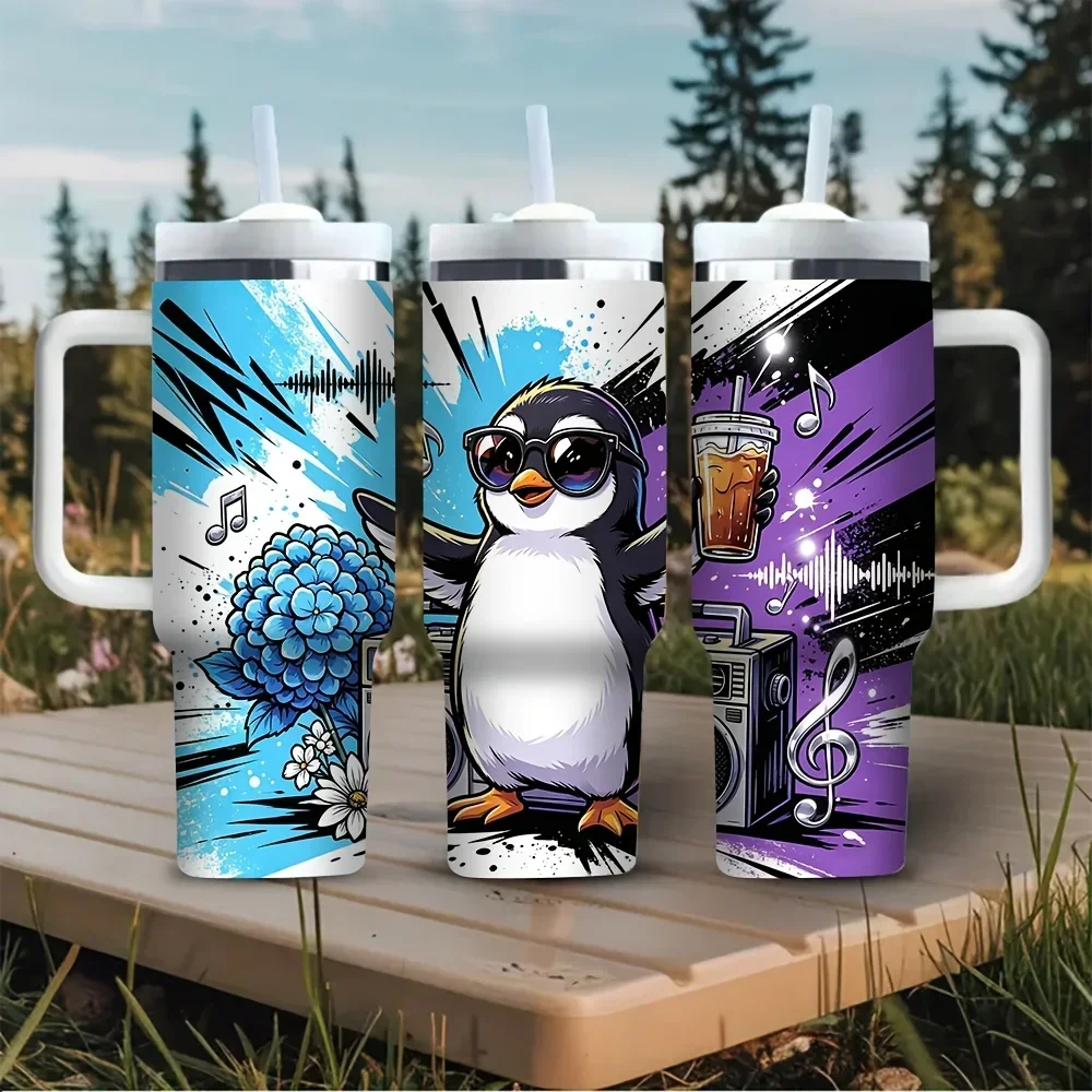 40oz Tumbler with Handle, Printed with Cool Music Penguin and Floral Pattern, Suitable for All Kinds of People, Fits Both Hot and Cold Drinks, Ideal for Daily Use, Travel, Outdoor Camping and Picnic Activities