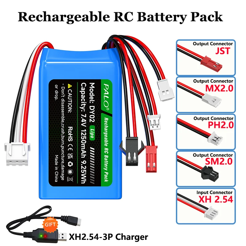 7.4V 1250mAh Rechargeable Battery with JST Plug & PH2.0 & SM-3P & MX2.0 Plug Battery for WLtoys RC Cars A949 A959 A969 A979 K929