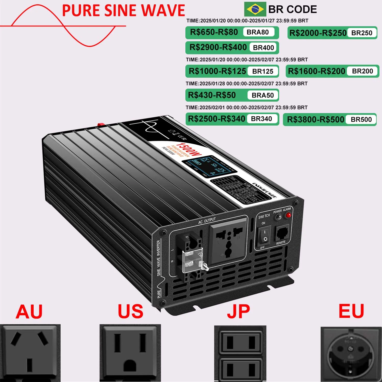 1500W inverter 12v 220v pure sine wave solar power inverter DC 24V 48V to AC 110V with remote control