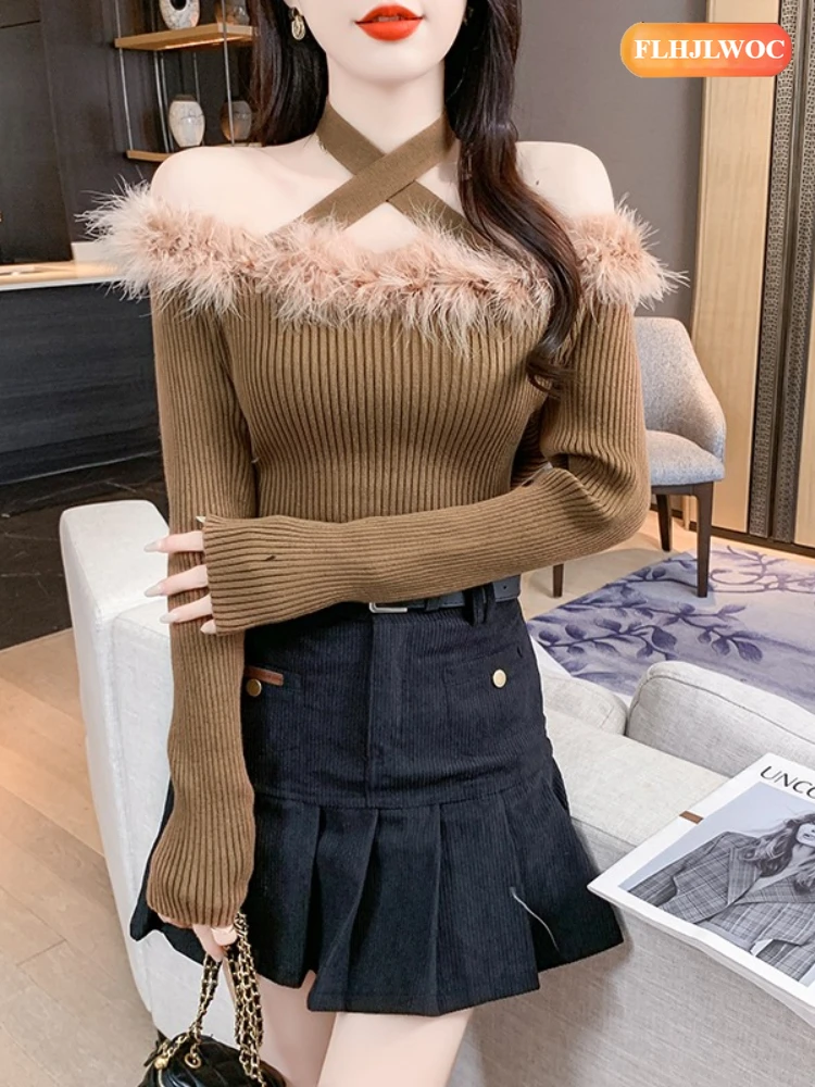 Off Shoulder Short Crop Tops Knitted Jumpers Cute Girls Woman FLHJLWOC Brand Fashion Slim Fitted Solid Sexy Halter Top Sweaters