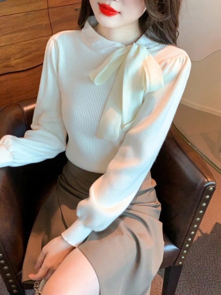 المرأة الخريف الشتاء موضة جديدة التباين اللون المرقعة الحياكة البلوفرات الكورية نمط الحلو مزاجه القوس سترة حمراء