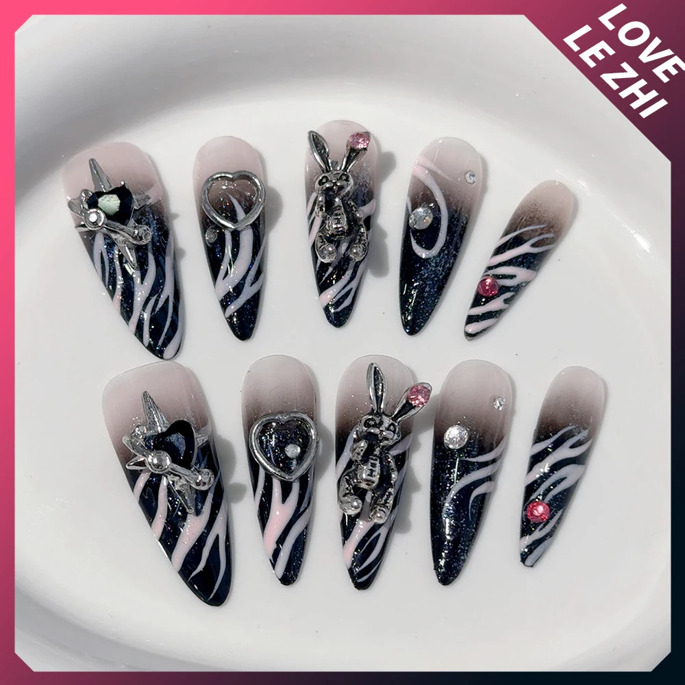 Diy Hello Kitty Kuromi Nail Art Dark Metal Diamond Goth Punk 3D Rhinestone Handmade Y2K Almond Press On Nails Tips Manicure