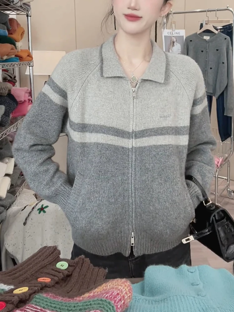 

Faionable Patchwork Color Knitwear Collar Casual Commute Sle Autumn Winter Large Size Versatile Outerwear