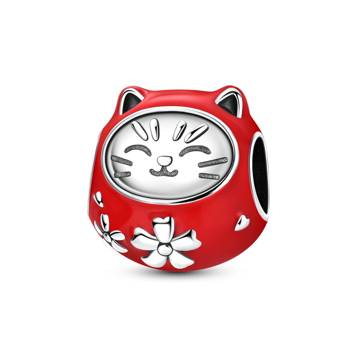 925 Sterling Silver Lucky Cat Daruma Charm Cute Red Enamel Bead Fit Bracelets Japanese Fortune Blessing Women Jewelry Gift