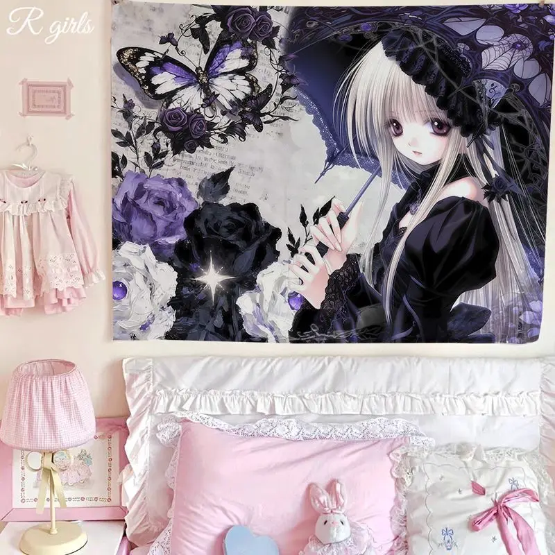 VIKAMA Fairy Angel Anime Girl Tapestry, Lily Floral Wall Hanging for Bedroom Dorm Living Room Dreamy Decor
