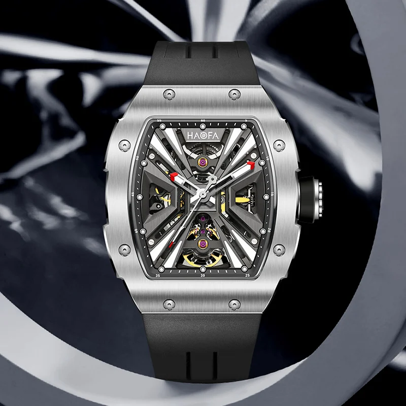 Haofa Automatic Watch for Men Skeleton Stainless Steel Mens Watch Luminous Waterproof 80H Power Reserve Causal Wristwatch 1981