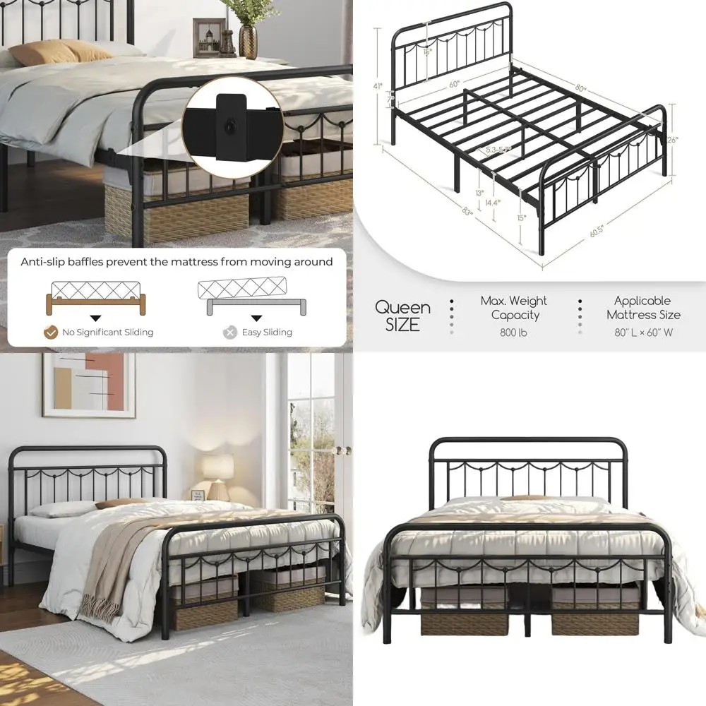 

Металлическая кровать Queen-size в винтажном стиле с изголовьем, платформенным дизайном, прочными стальными ламелями, местом для хранения, без необходимости использования пружинного блока, черная
