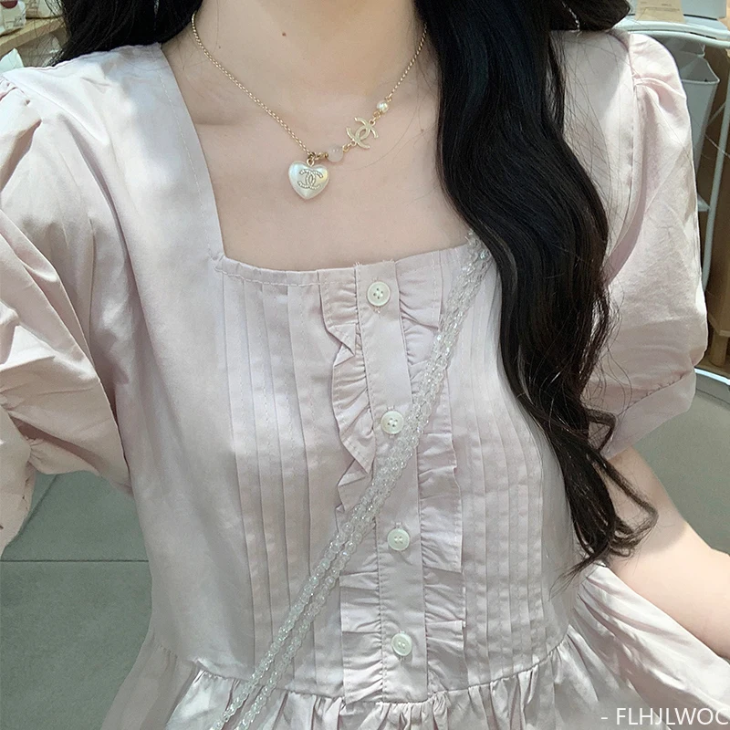 Vestidos lindos con cuello cuadrado Japón niñas mujeres verano manga corta dulce volantes vestido camisero con botones rosas