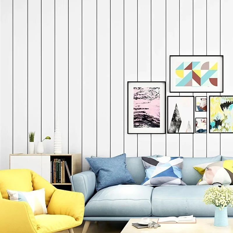 Nordic style wallpaper ins white wood grain imitation board black and white vertical stripe living room bedroom TV background
