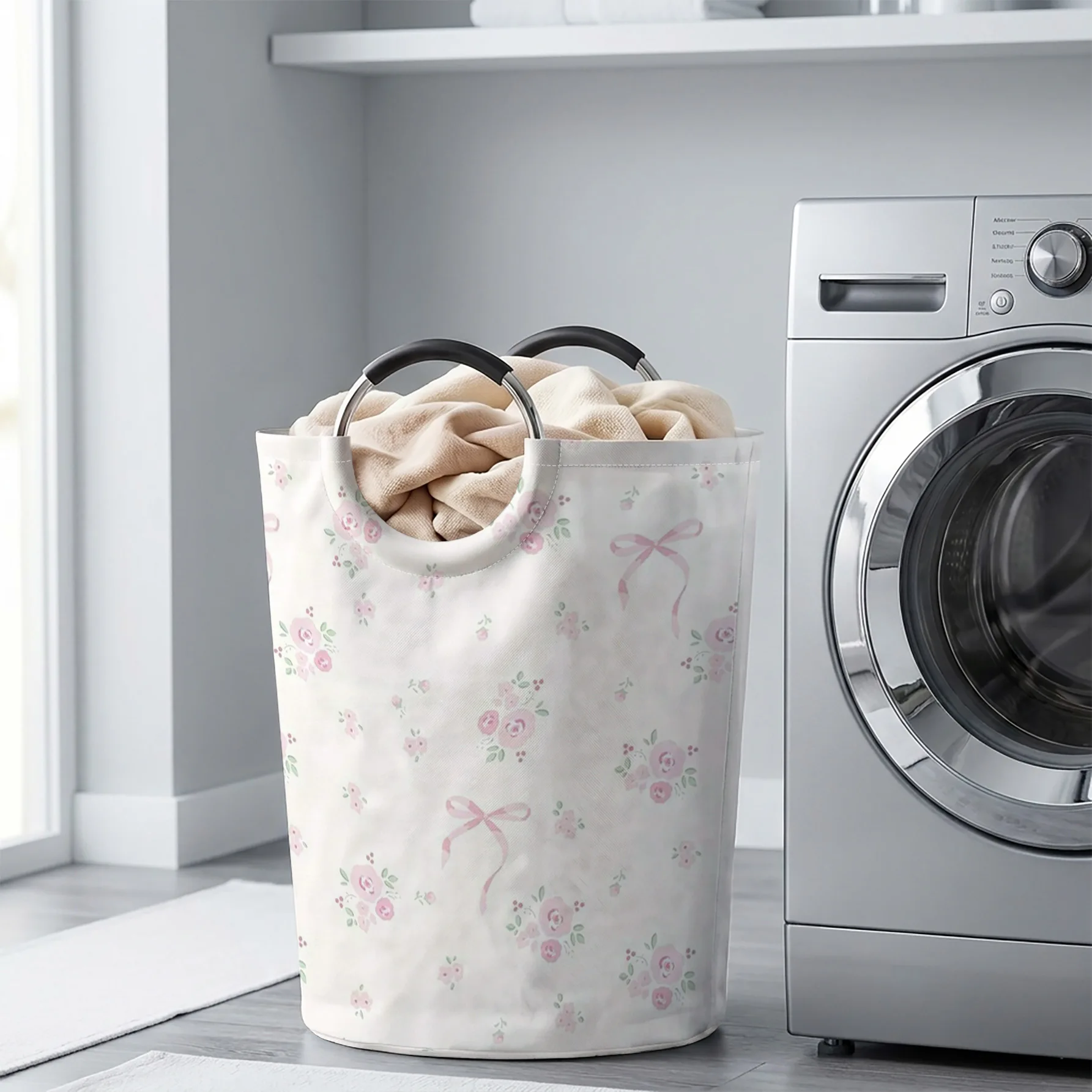 Pink Rose And Bow Floral Print Storage Basket, Large Capacity Handheld, for clothes, toys and sundries storage