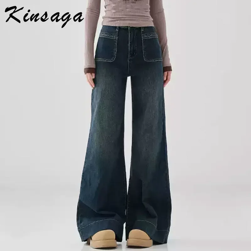 Kinsaga Cement Gray Wide Leg Flare Jeans Women Korea Style High Wais Pockets Slimming Draped Mopping Pants Pear Shaped Jeans