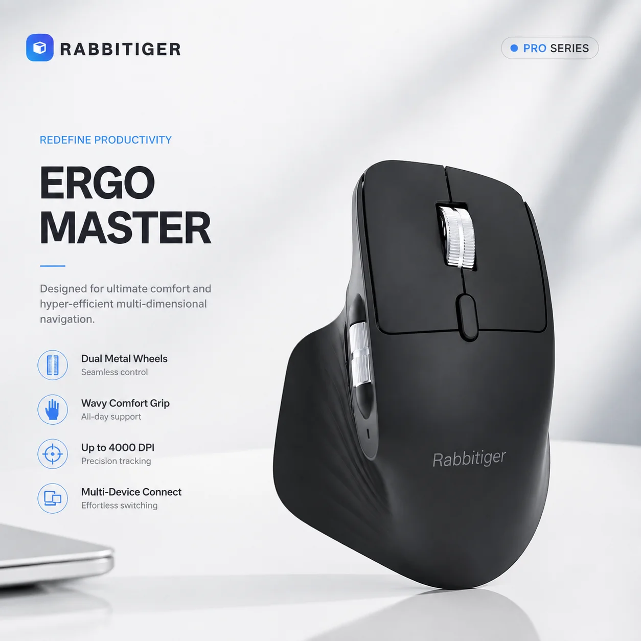All‑Day Comfort Ergonomic Wireless Mouse Triple Mode Bluetooth 2.4G Wired Multi‑Speed 800‑3200 DPI Side Scroll Wheel Rechargeabl