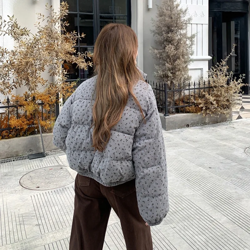 2025 nouvelle veste en coton à fleurs pour les étudiantes d'hiver courte petite veste en coton ample épais couleur unie polyvalente Simp