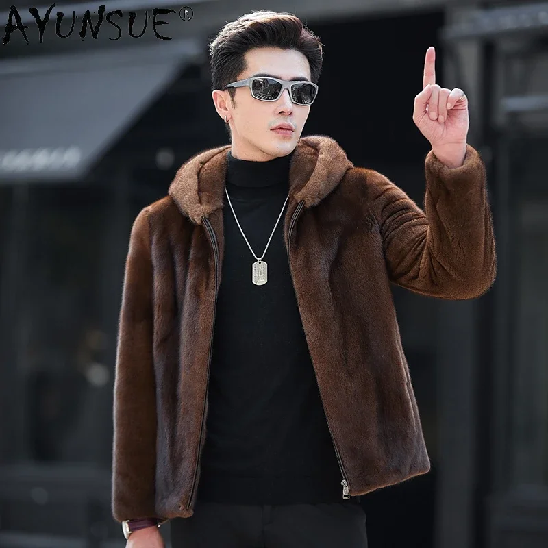 

AYUNSUE High-end Natural Fur Coat Men Clothing Hooded Winter Casual Business Real Mink Fur Jacket Male Fur Coats Manteau Homme