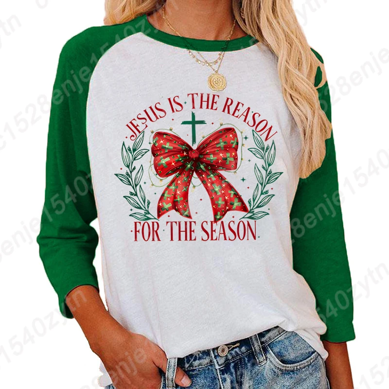 

Christmas Bow Jesus Is The Reason For The Season Print T Shirts Women Three Quarter Sleeve Shirt Round Neck Tees New Summer Tops