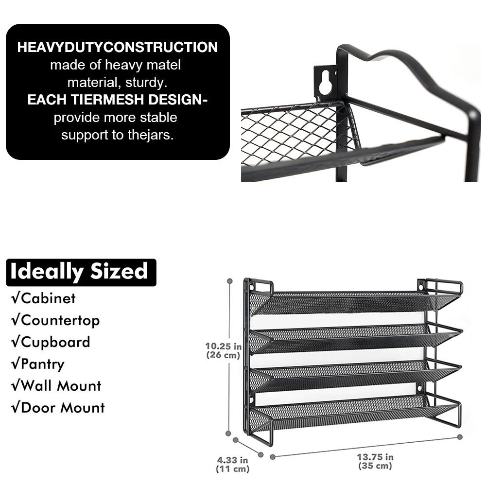 Kitchen Spice Rack  3/4 Tier Spice Organizer Carbon Steel Wall Shelf with Spice Jars for Cabinet Kitchen Pantry Organizer Shelf