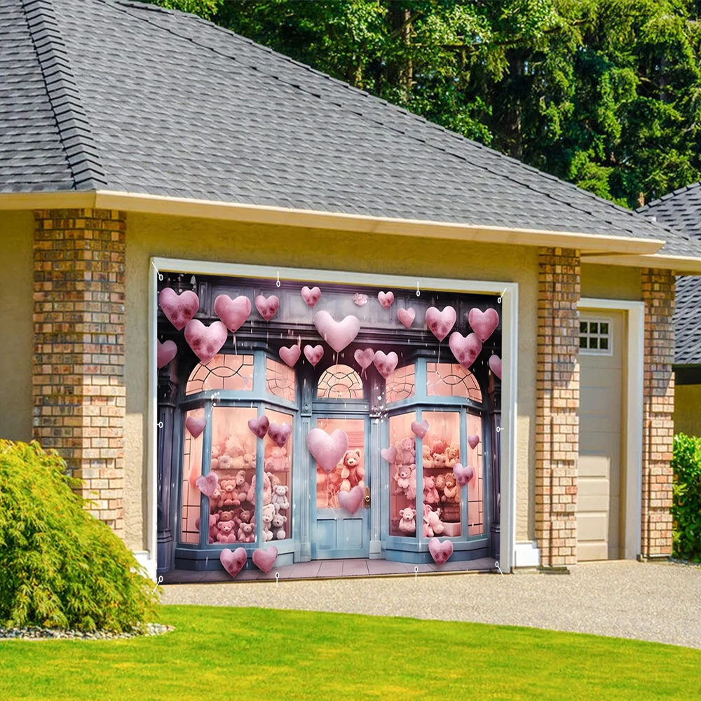 Happy Valentine's Day Garage Door Decoration Background Romantic Pink Heart Shaped Balloon Doll Bear Garage Door Wall Decor