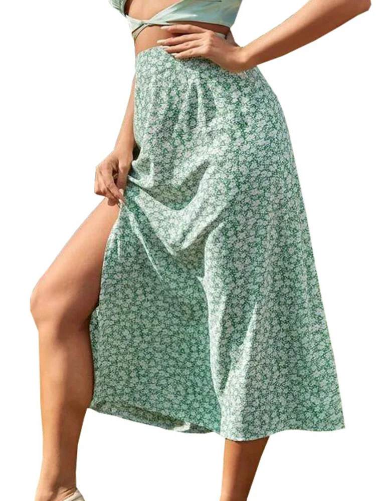 Saia Midi Feminina Linha A de Poliéster Estampada Longa Dividida Alta, Bodycon Feminino, Elástico, Moda Vintage, Verão, Senhora do Escritório