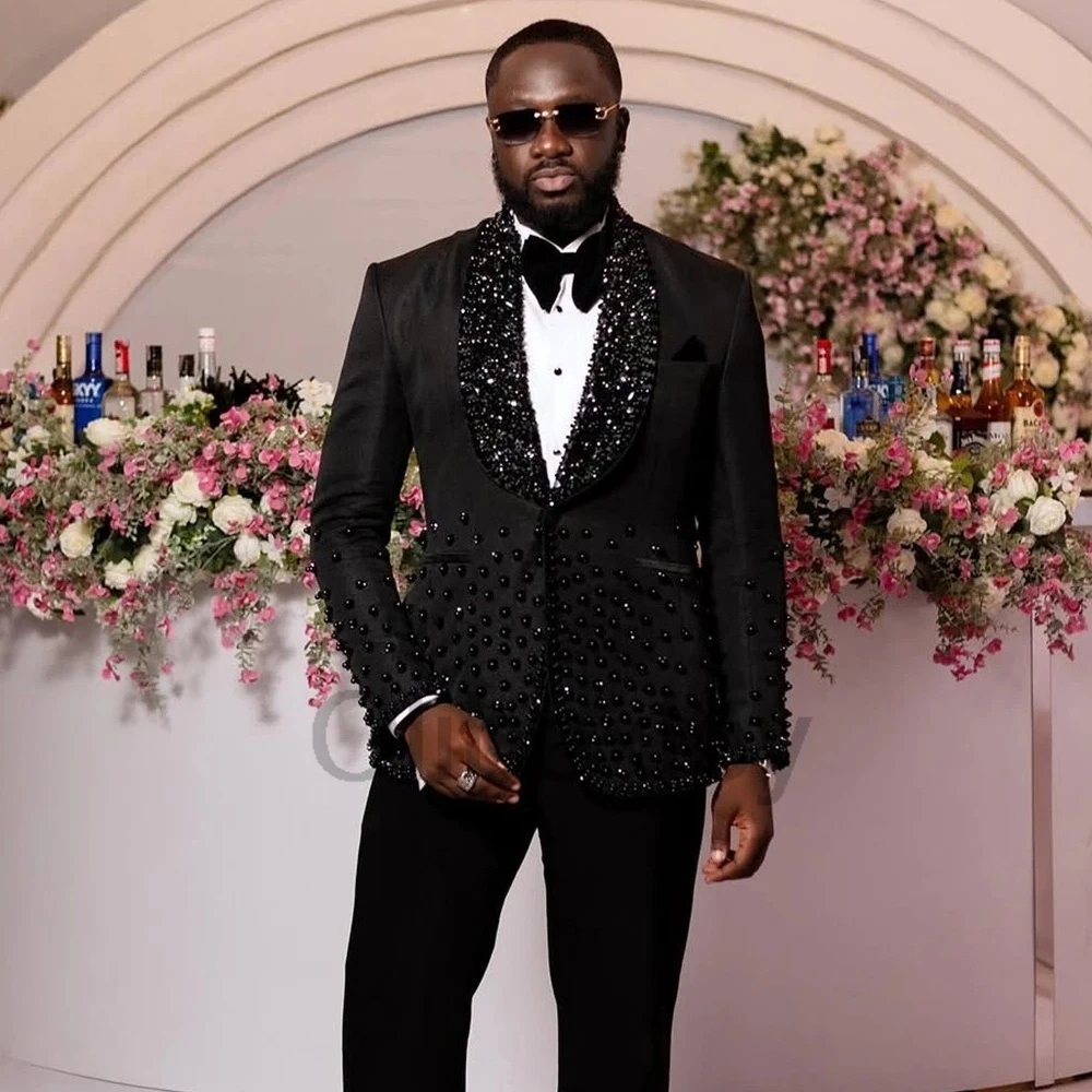 Olibexley Black Crystal Men's Suit 2 Pieces Wedding Groom Sets Man Slim Fit Suits Set Party Prom Wear Tuxedo Customized S432