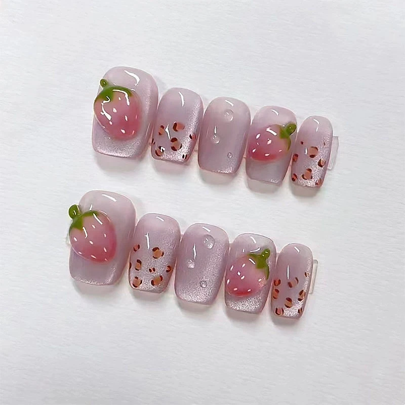 10Pcs/Box Strawberry Sweetheart Handmade Nails Cute Colorful Press on Nails Short Cat Eye False Nail Removable Wearable Nail Art