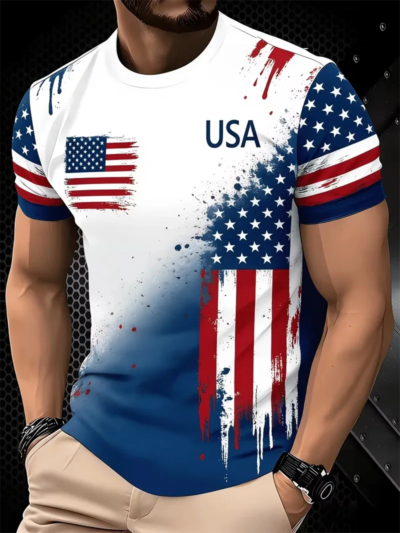 3D printed American flag and eagle pattern T-shirt, unisex and kids, US size 250, short-sleeved sporty casual round neck top.