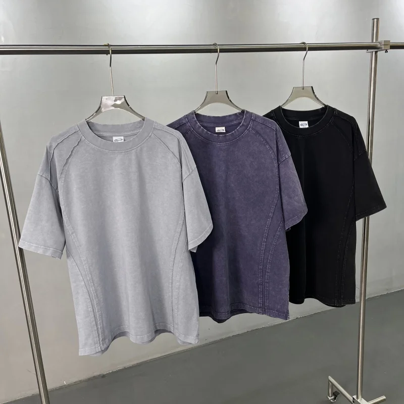 Heavyweight Cotton Vintage Distressed Paneled T-Shirt Men Oversized Multi-Color Casual Streetwear Top