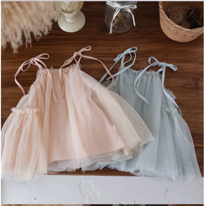 New Infant  Girls Summer Solid Mesh Sling Dress,  Newborn Princess Kids  Cute Party Birthday Dress  0-3T