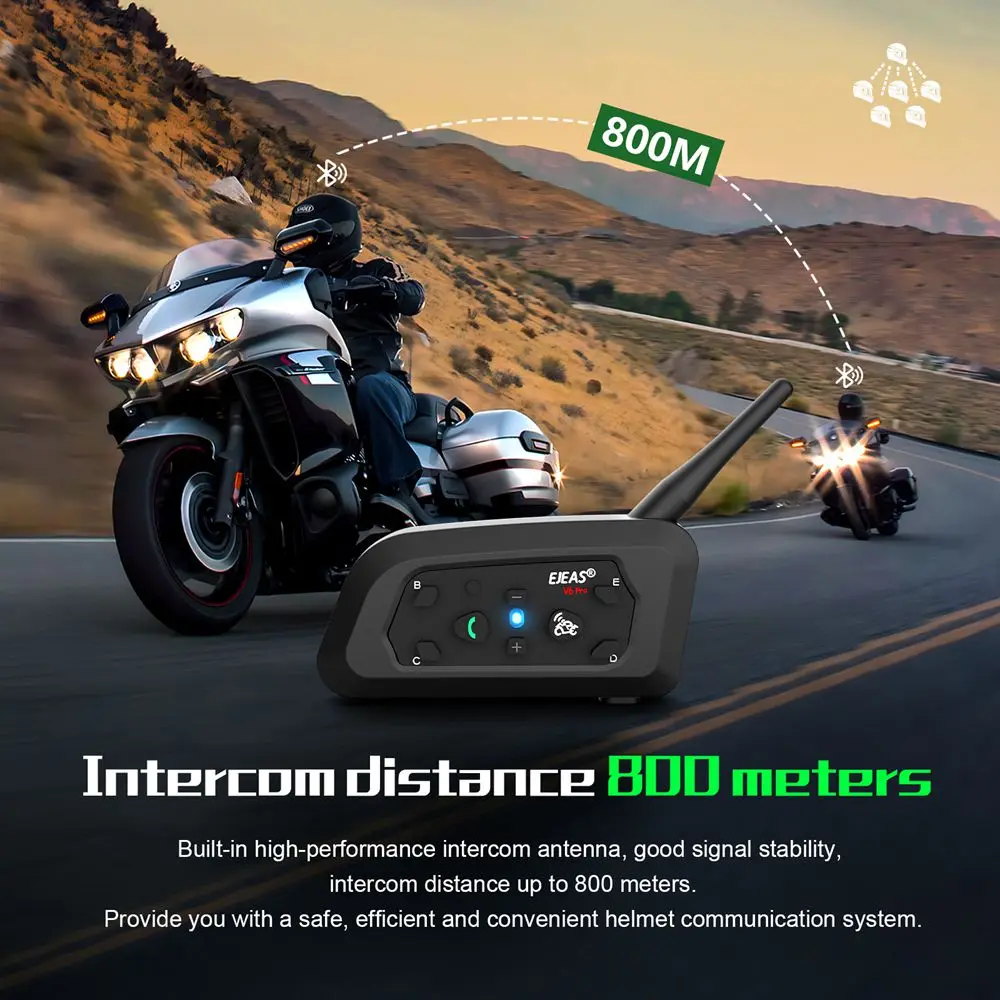 EJEAS V6 PRO + Motorcycle Helmet Intercom Bluetooth Headset 800M Communicator for 6 Riders(2 People At The Same Time)Waterproof